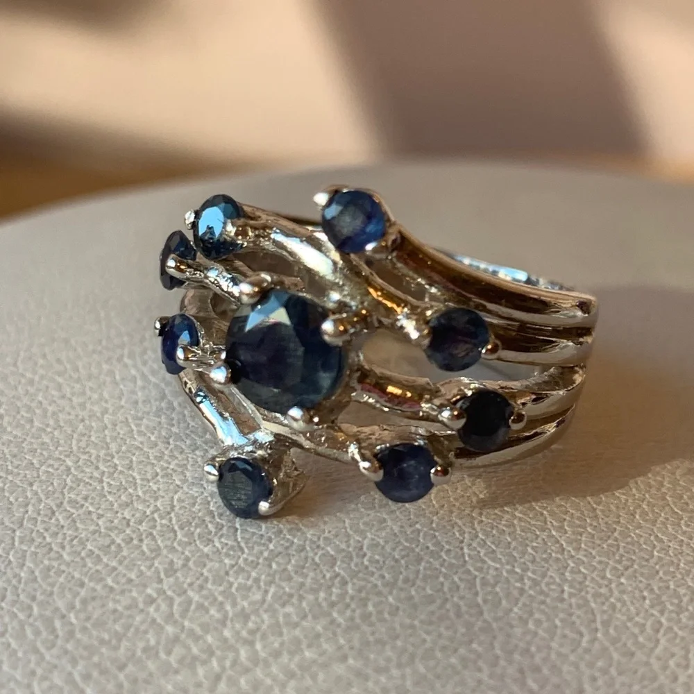 GENUINE BLUE SAPPHIRE 925 STERLING SILVER WIDE BAND RING
